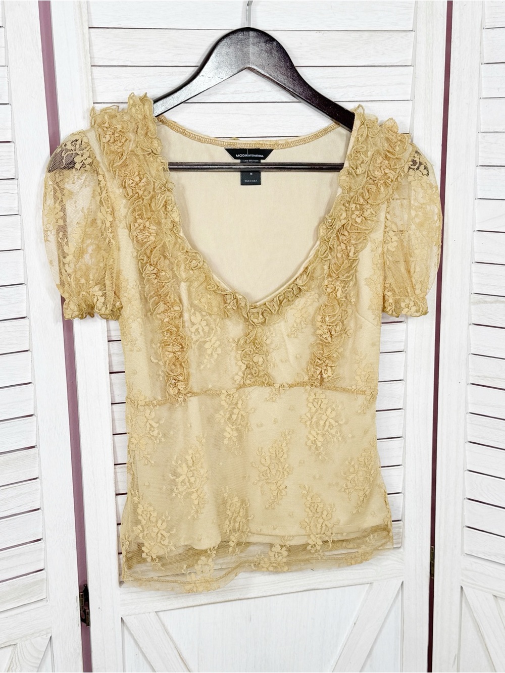 Vintage Y2K Moda International Lace Coquette Fairy Ruffle Top Medium Beige Boho - Picture 7 of 11